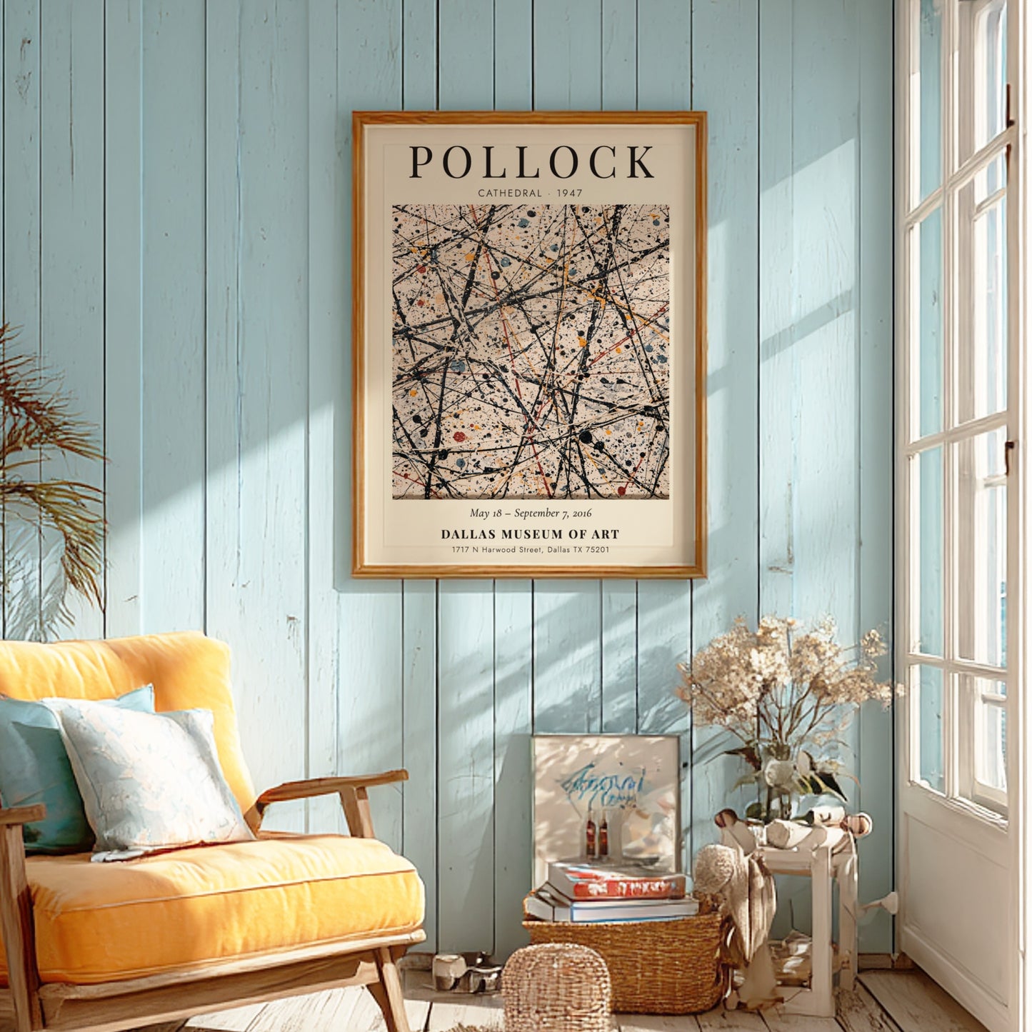 Wall art poster featuring Jackson Pollock's Cathedral painting with drip style black paint