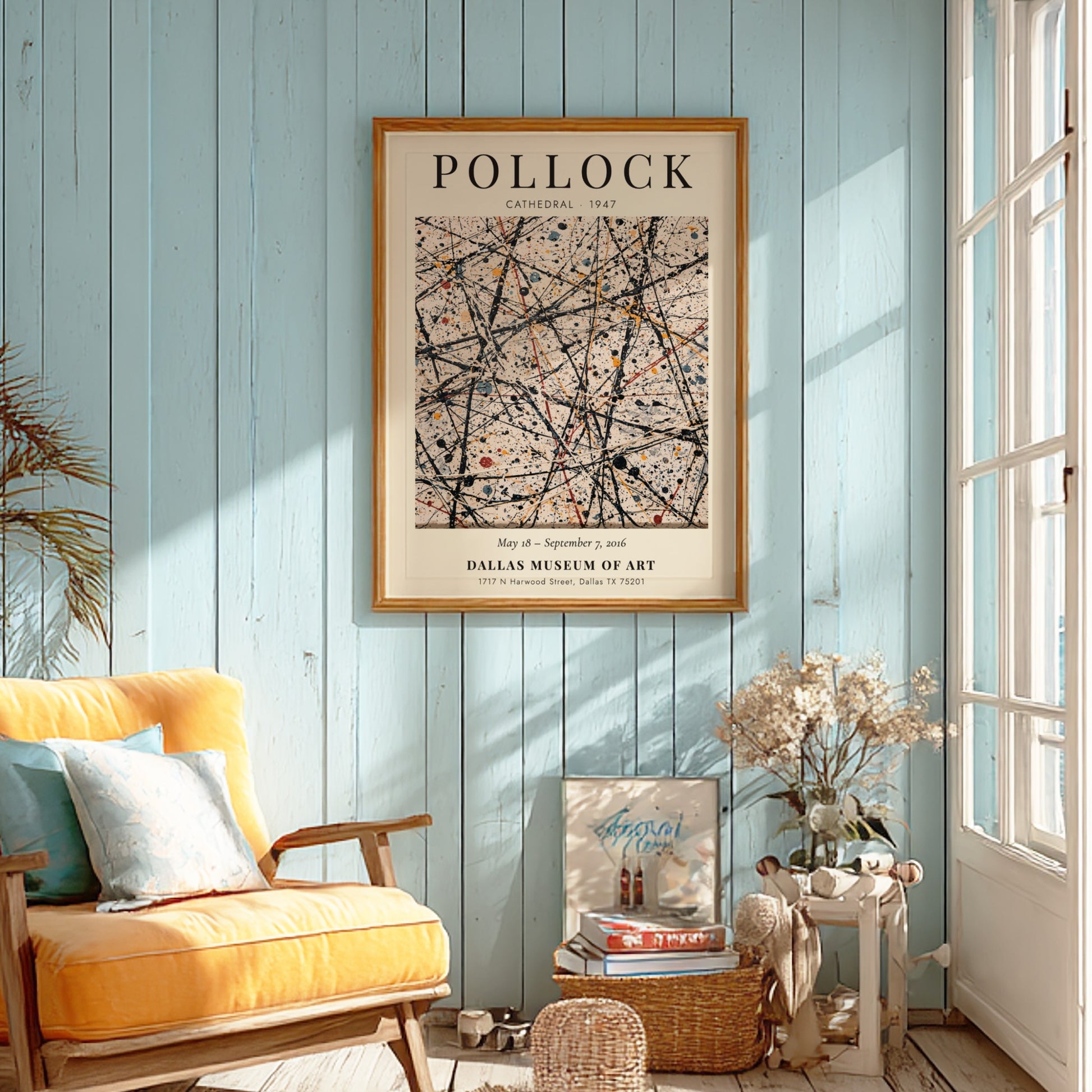 Wall art poster featuring Jackson Pollock's Cathedral painting with drip style black paint