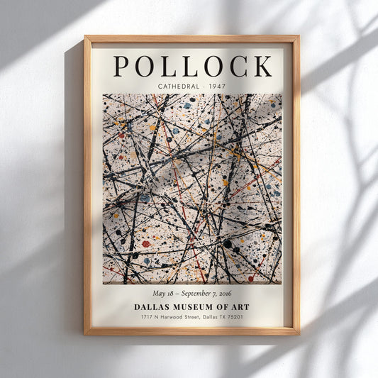 Wall art poster featuring Jackson Pollock's Cathedral painting with drip style black paint