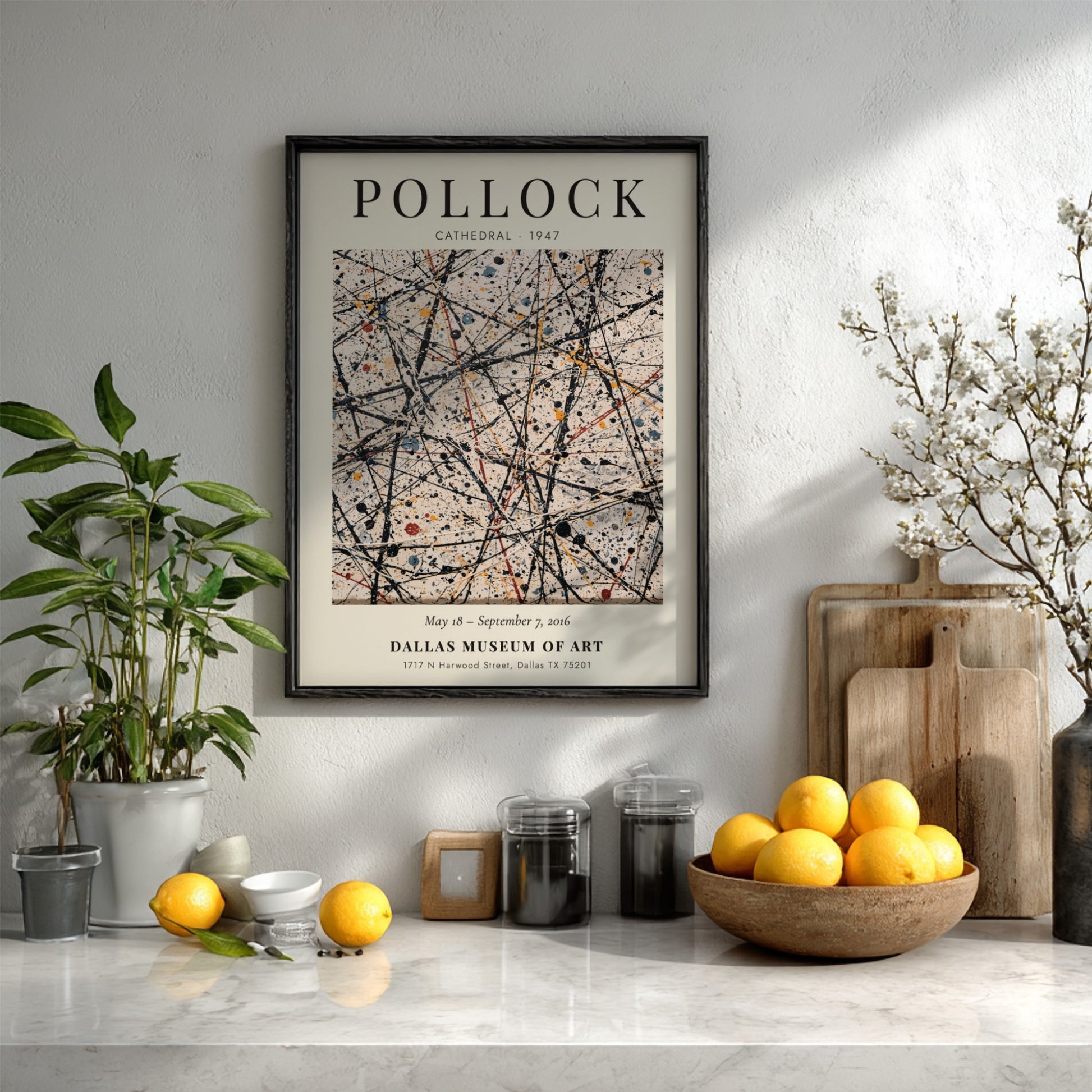 Wall art poster featuring Jackson Pollock's Cathedral painting with drip style black paint