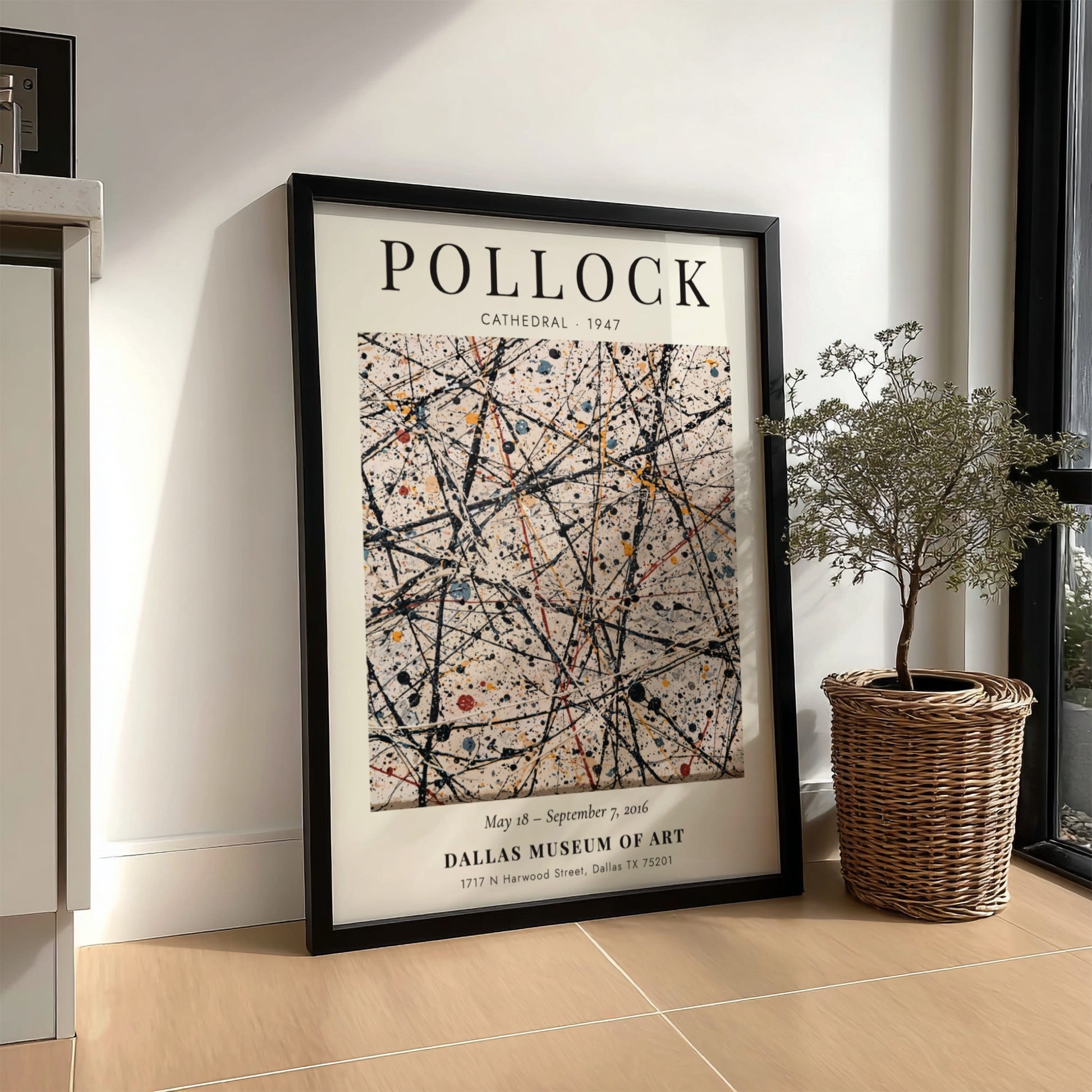 Wall art poster featuring Jackson Pollock's Cathedral painting with drip style black paint