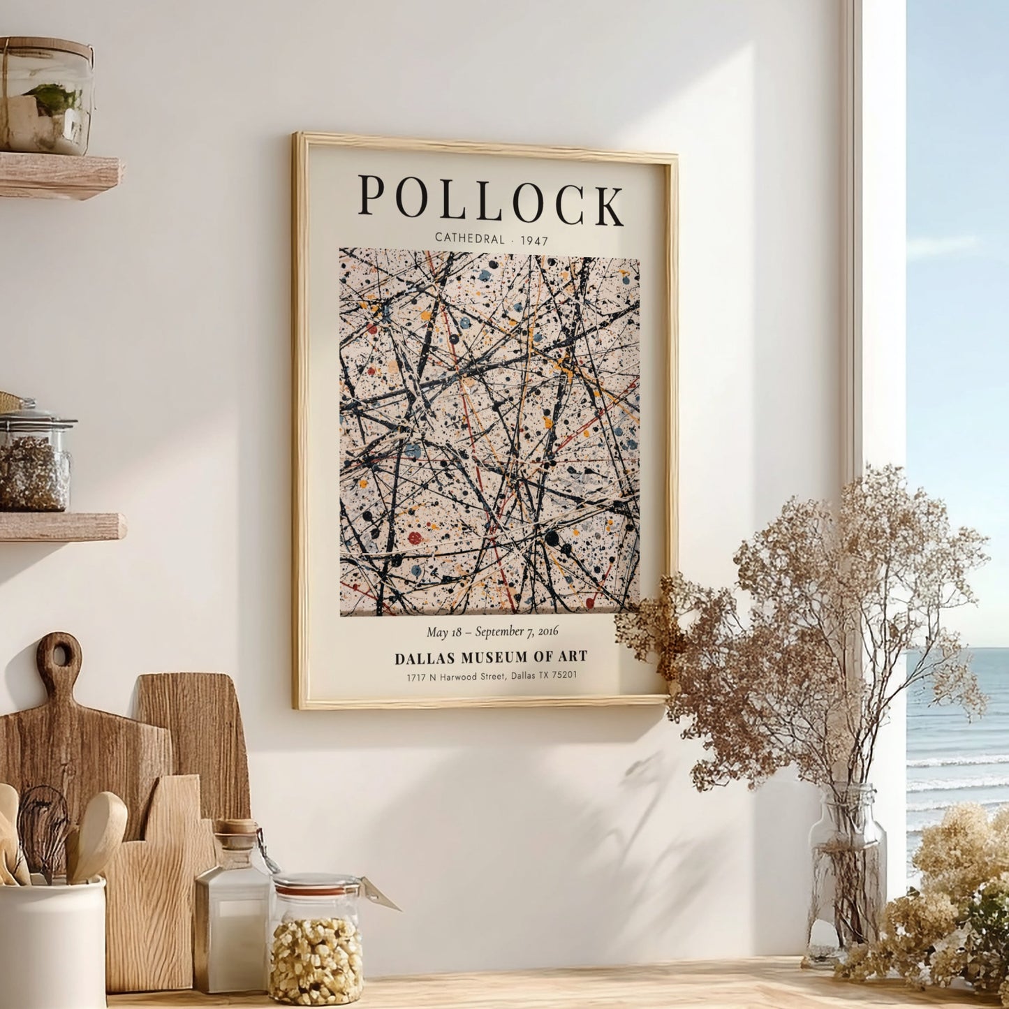 Wall art poster featuring Jackson Pollock's Cathedral painting with drip style black paint