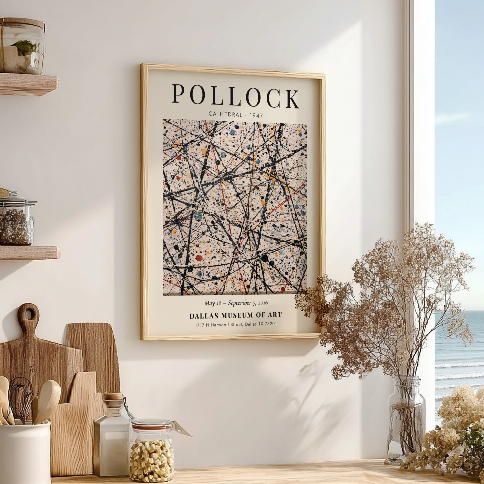 Wall art poster featuring Jackson Pollock's Cathedral painting with drip style black paint