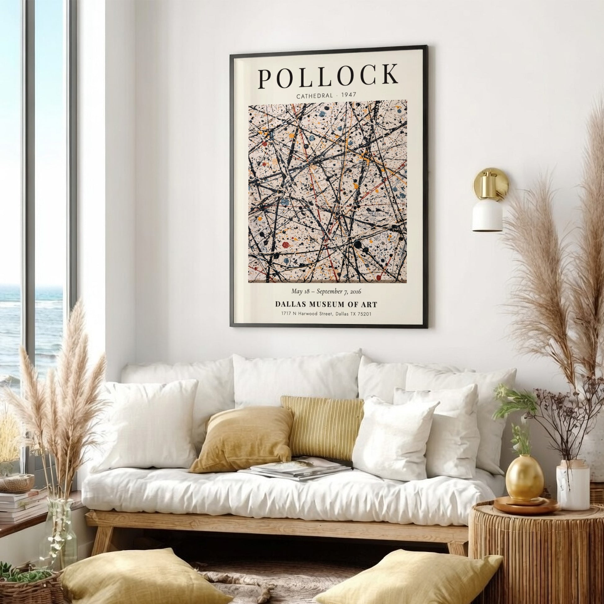 Wall art poster featuring Jackson Pollock's Cathedral painting with drip style black paint