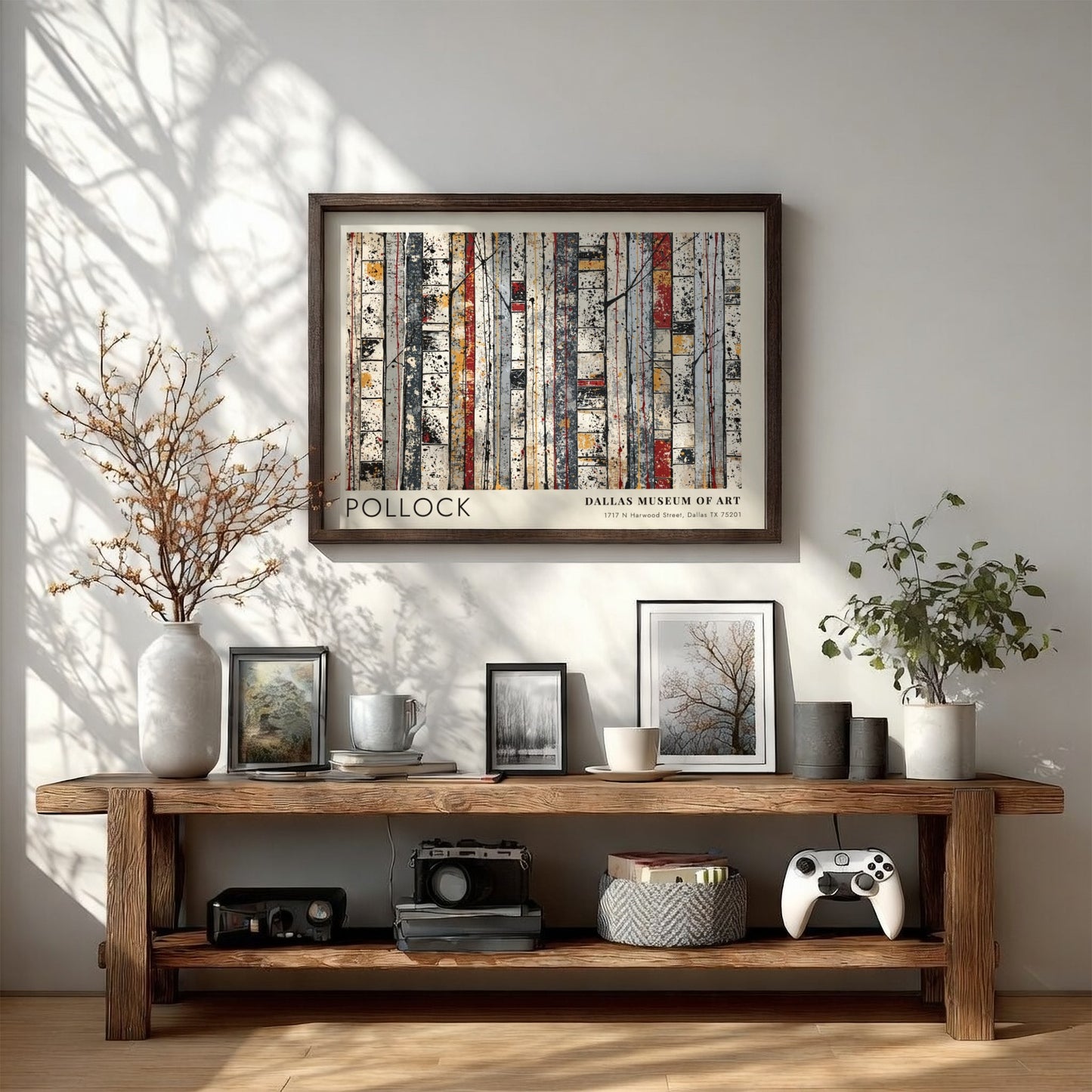 Wall art poster featuring Jackson Pollock Cathedral design in a light wood frame.