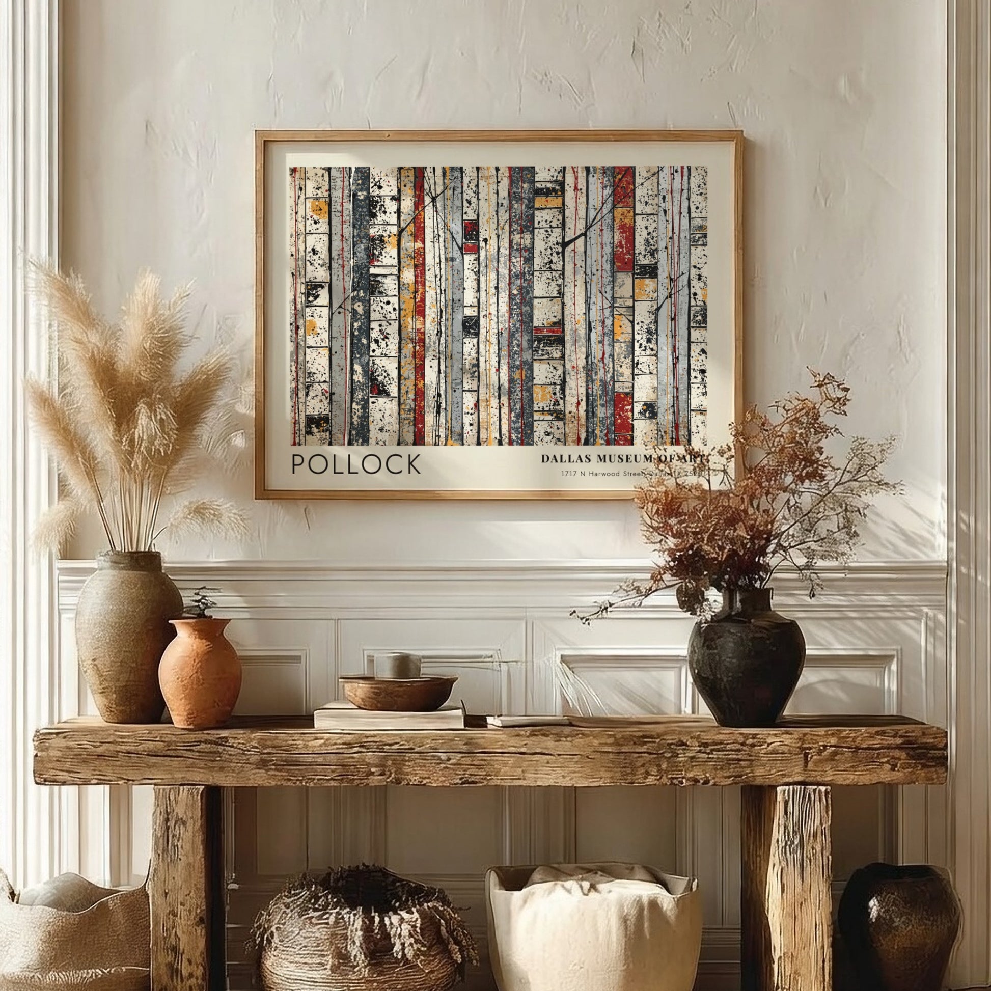 Wall art poster featuring Jackson Pollock Cathedral design in a light wood frame.