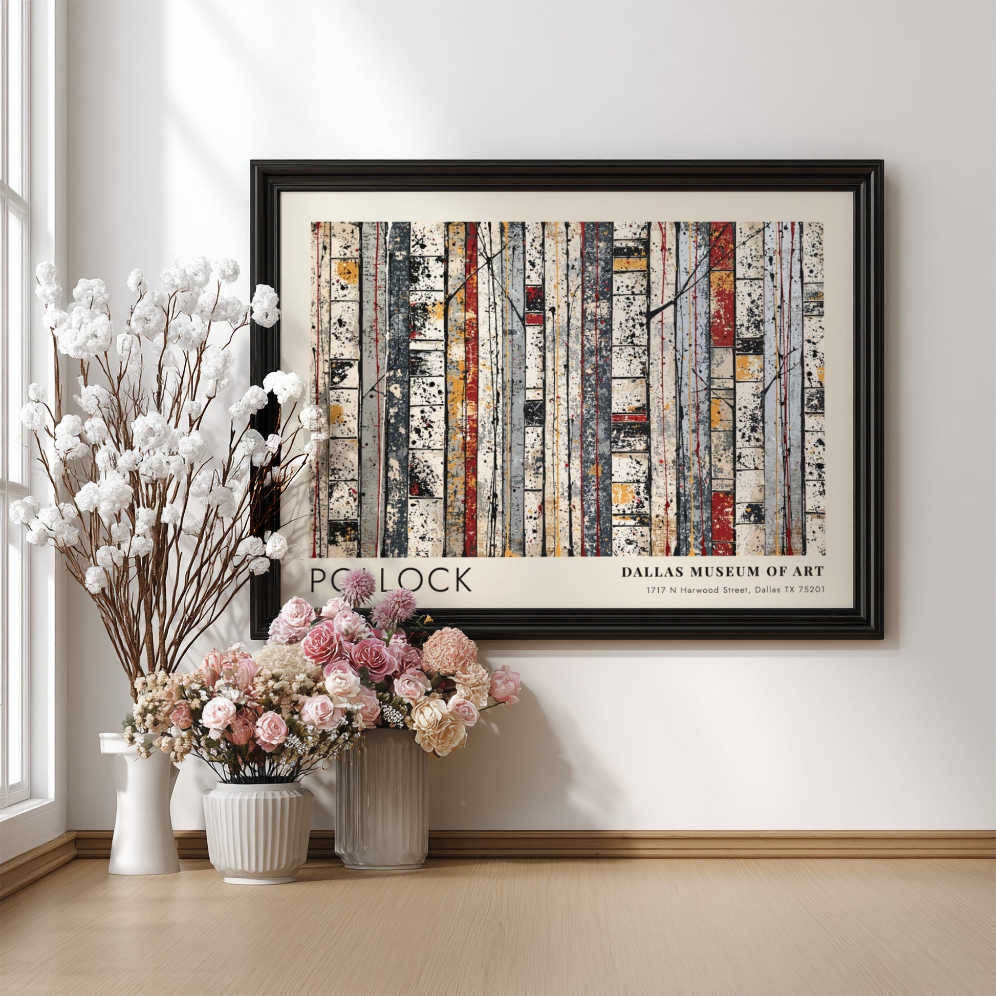 Wall art poster featuring Jackson Pollock Cathedral design in a light wood frame.