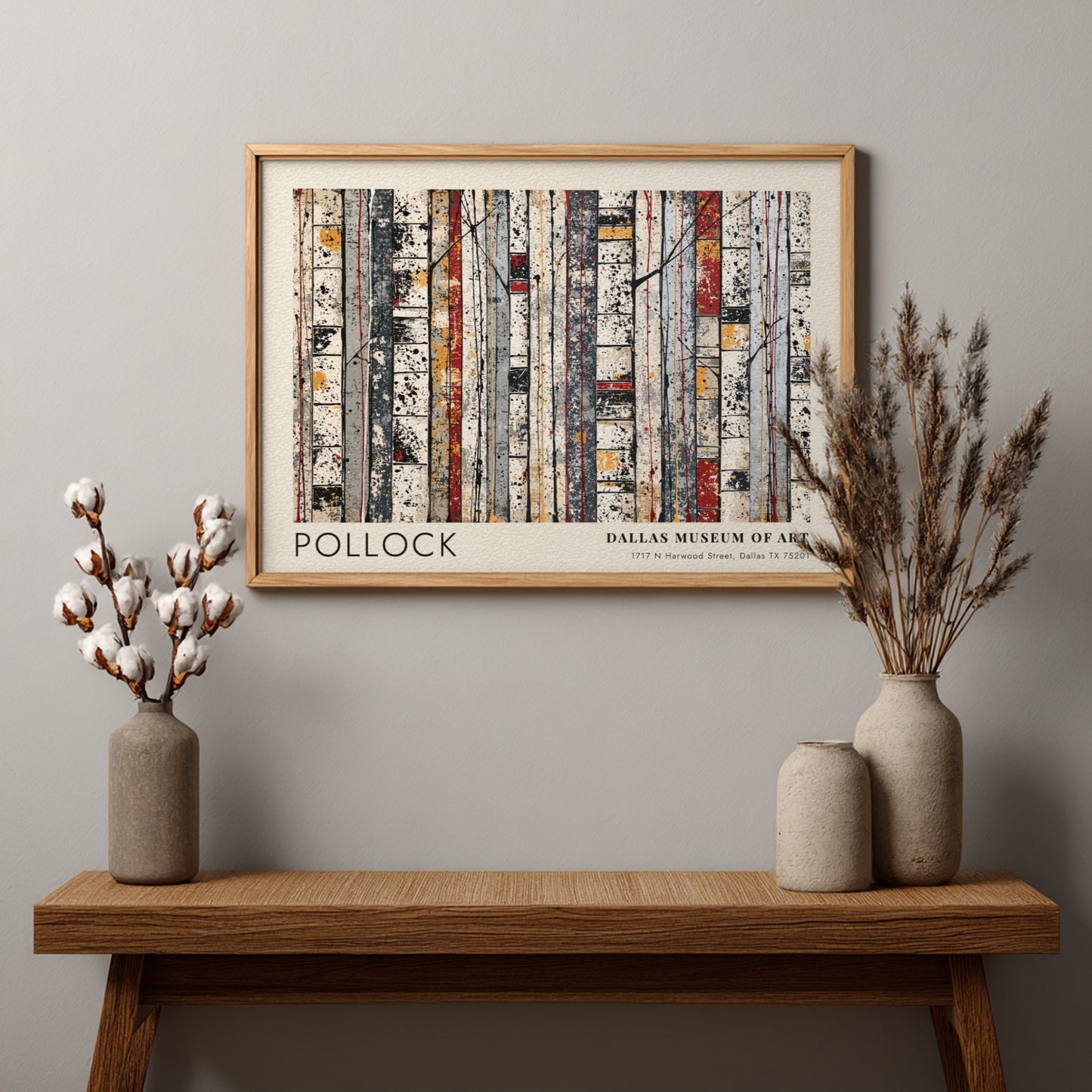 Wall art poster featuring Jackson Pollock Cathedral design in a light wood frame.