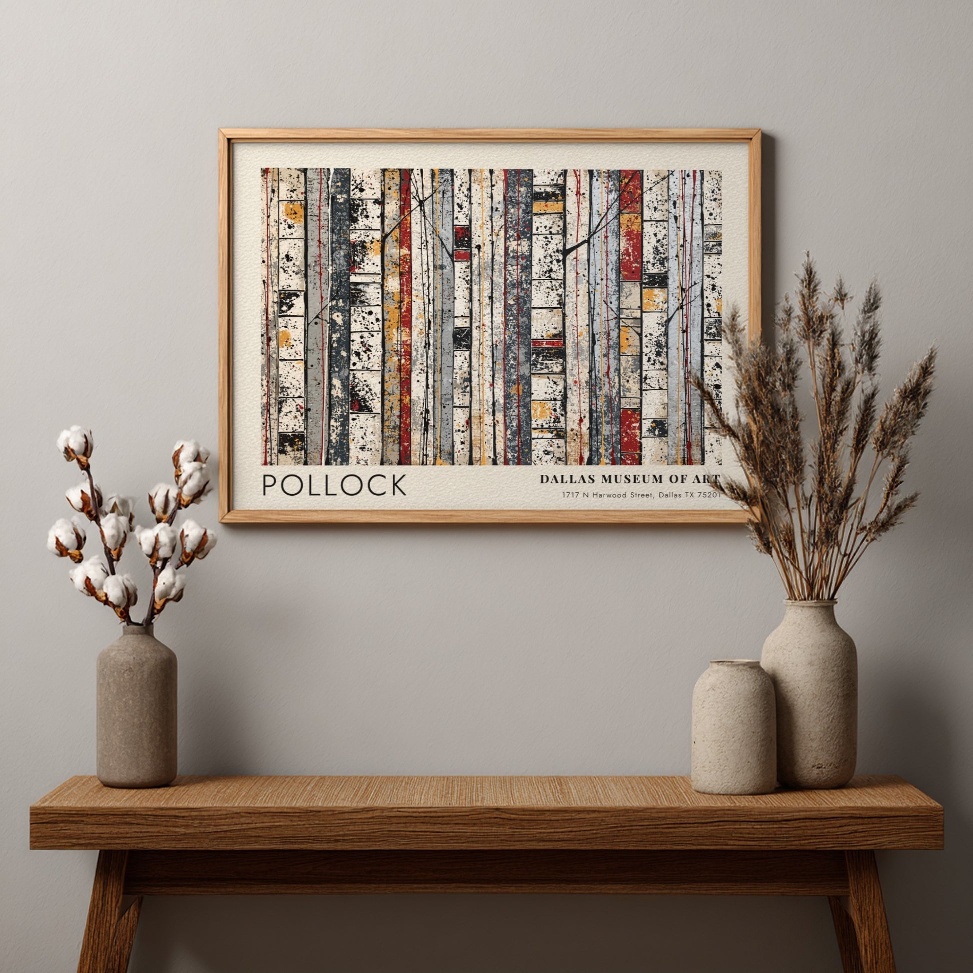 Wall art poster featuring Jackson Pollock Cathedral design in a light wood frame.
