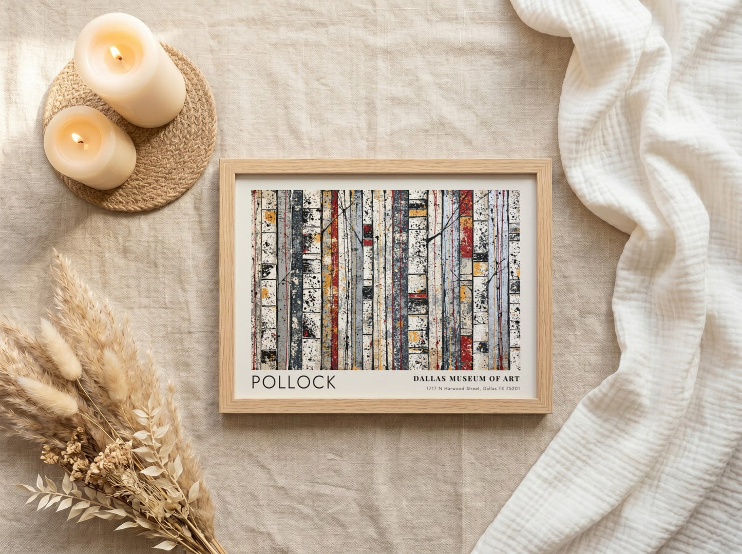 Wall art poster featuring Jackson Pollock Cathedral design in a light wood frame.