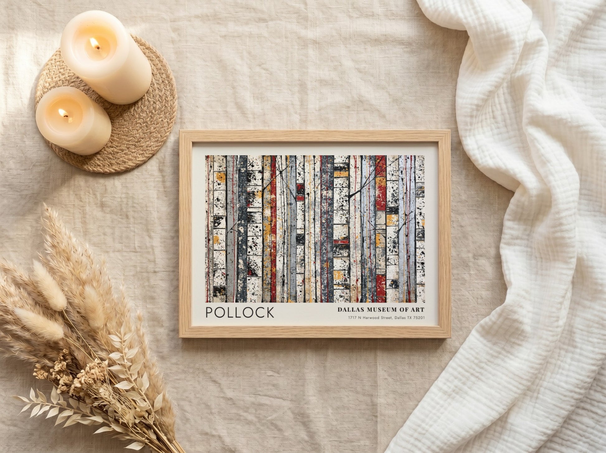 Wall art poster featuring Jackson Pollock Cathedral design in a light wood frame.