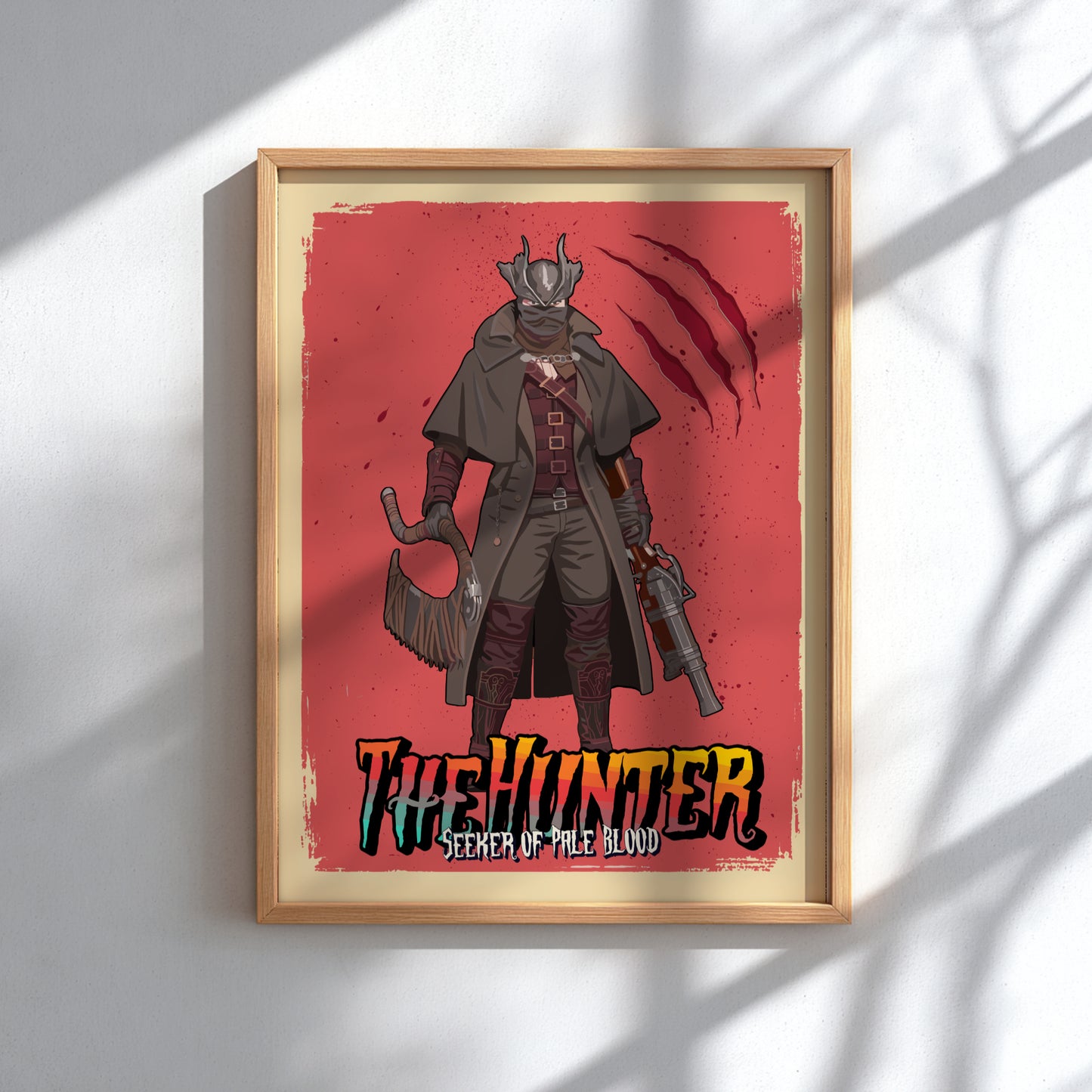 Framed poster of The Hunter from Bloodborne on a red background