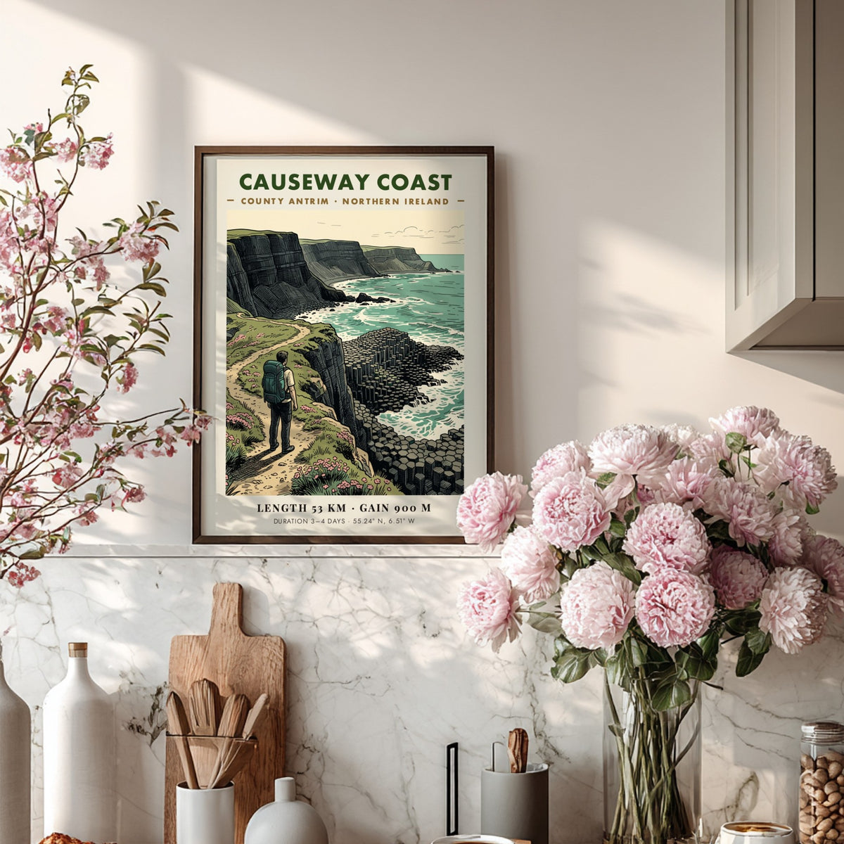 Poster featuring a hiker on the Causeway Coast trail in Northern Ireland, illustration style.