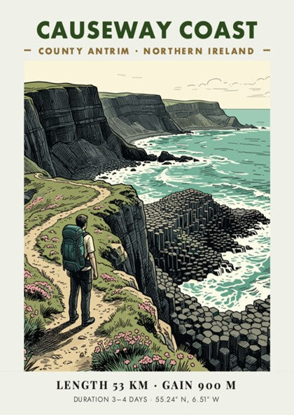Poster featuring a hiker on the Causeway Coast trail in Northern Ireland, illustration style.