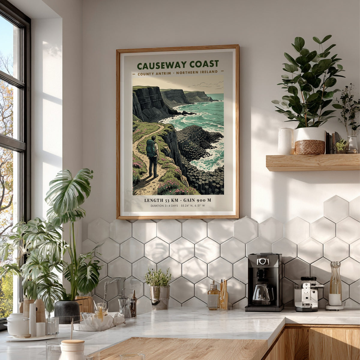 Poster featuring a hiker on the Causeway Coast trail in Northern Ireland, illustration style.