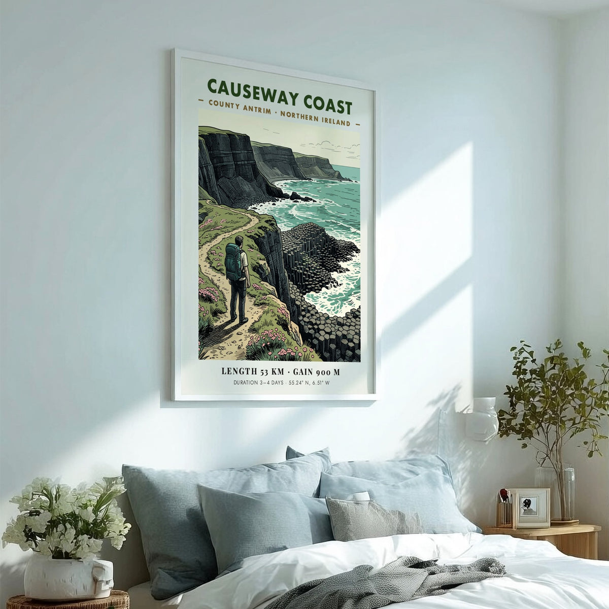 Poster featuring a hiker on the Causeway Coast trail in Northern Ireland, illustration style.