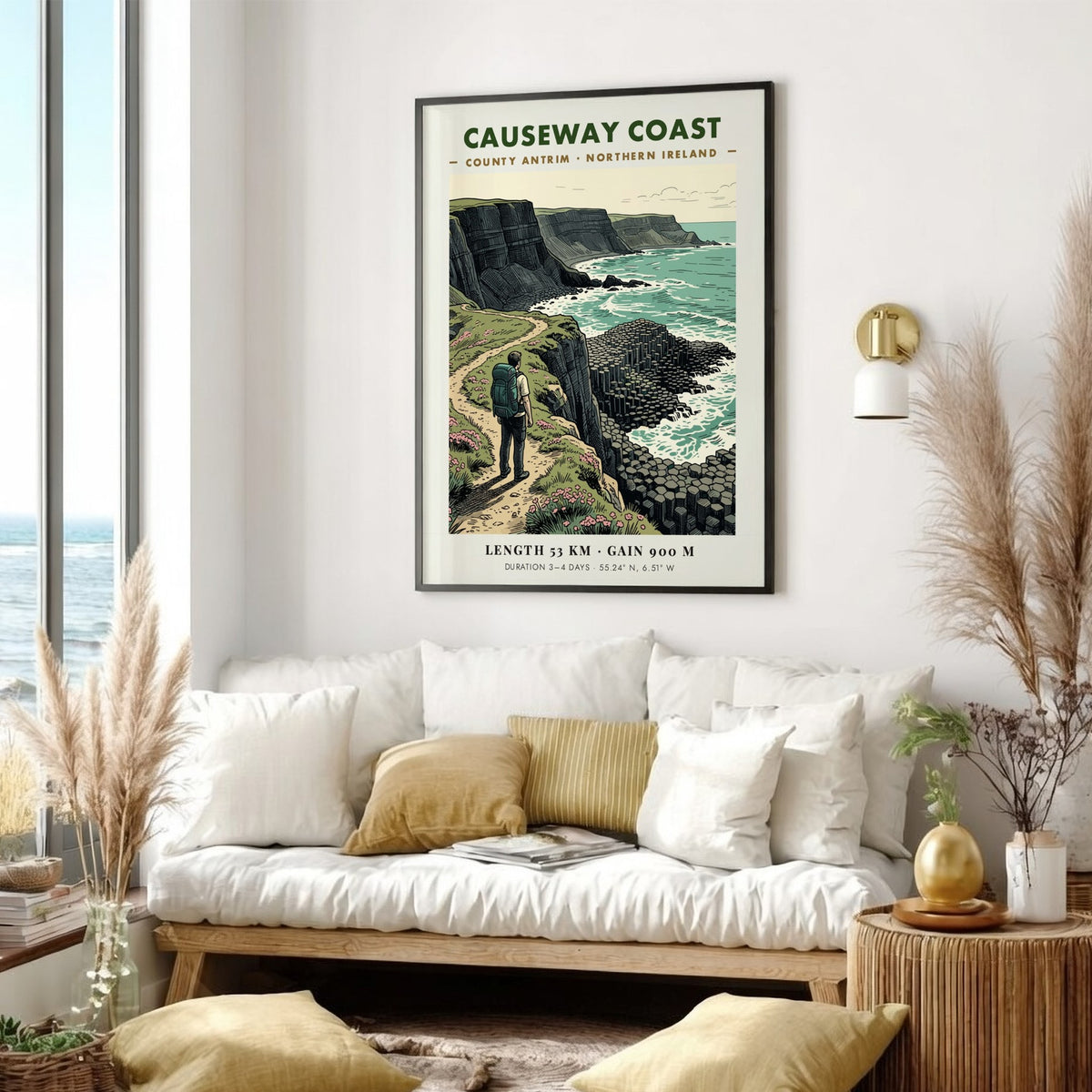 Poster featuring a hiker on the Causeway Coast trail in Northern Ireland, illustration style.