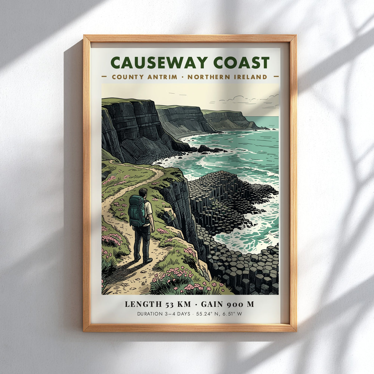 Poster featuring a hiker on the Causeway Coast trail in Northern Ireland, illustration style.