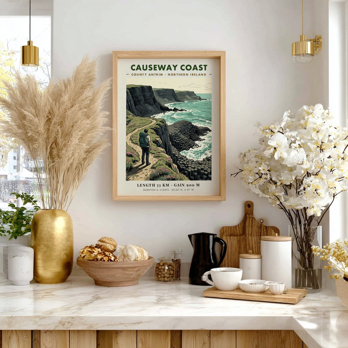 Poster featuring a hiker on the Causeway Coast trail in Northern Ireland, illustration style.