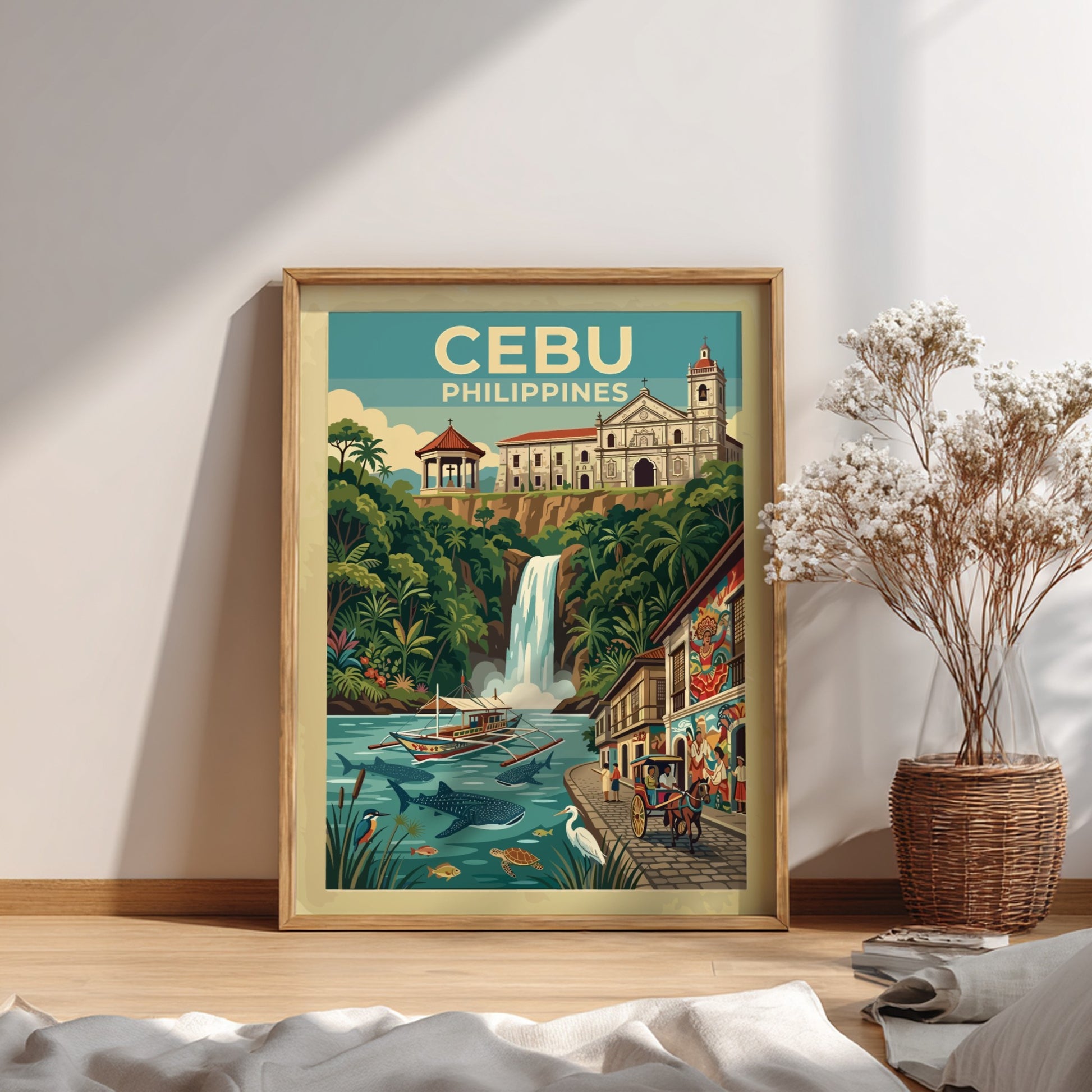 Travel poster of Cebu Philippines featuring a historic church waterfall whale sharks and boat