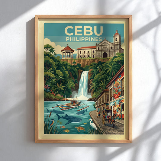 Travel poster of Cebu Philippines featuring a historic church waterfall whale sharks and boat