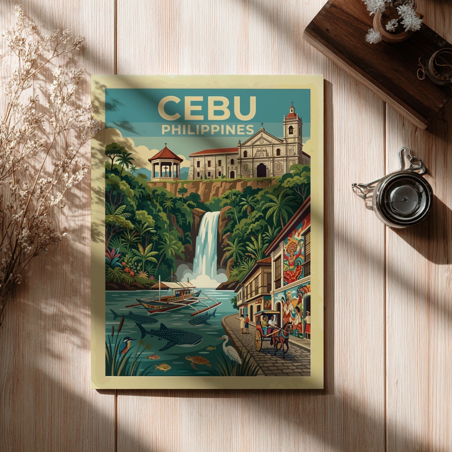Travel poster of Cebu Philippines featuring a historic church waterfall whale sharks and boat