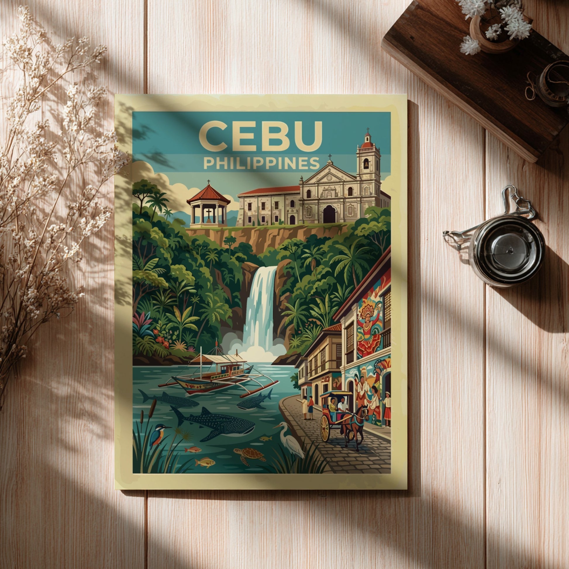 Travel poster of Cebu Philippines featuring a historic church waterfall whale sharks and boat
