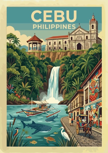 Travel poster of Cebu Philippines featuring a historic church waterfall whale sharks and boat