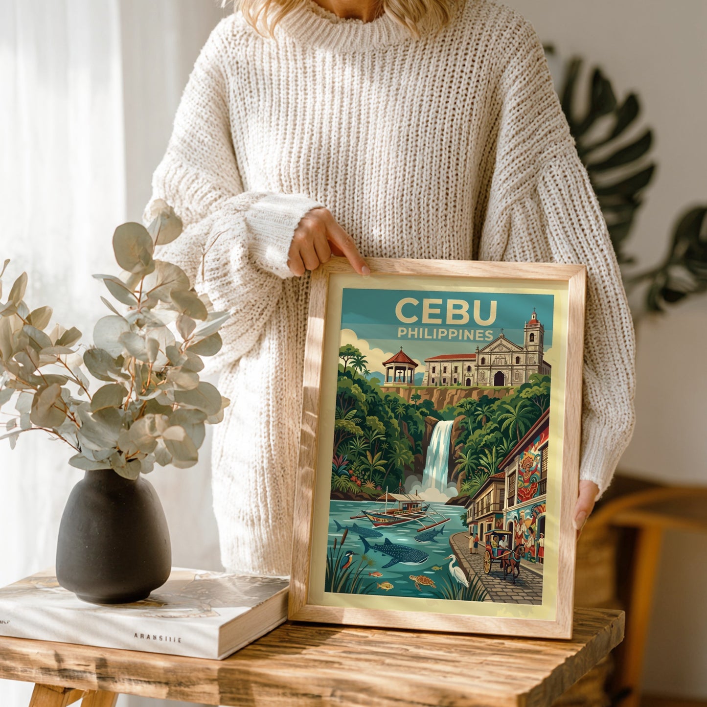 Travel poster of Cebu Philippines featuring a historic church waterfall whale sharks and boat
