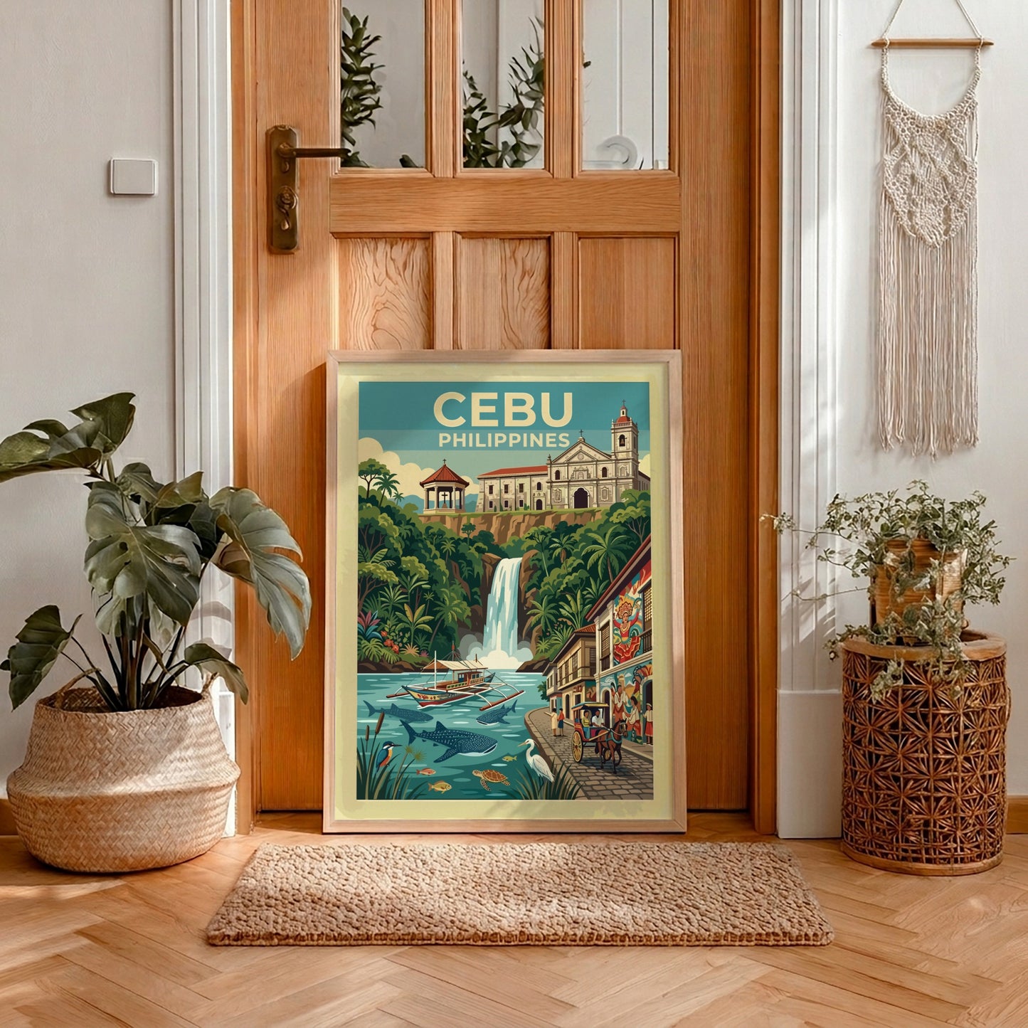 Travel poster of Cebu Philippines featuring a historic church waterfall whale sharks and boat