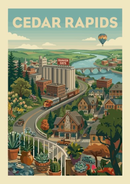 Cedar Rapids vintage travel poster with cityscape, train, river, and hot air balloon in a retro style.