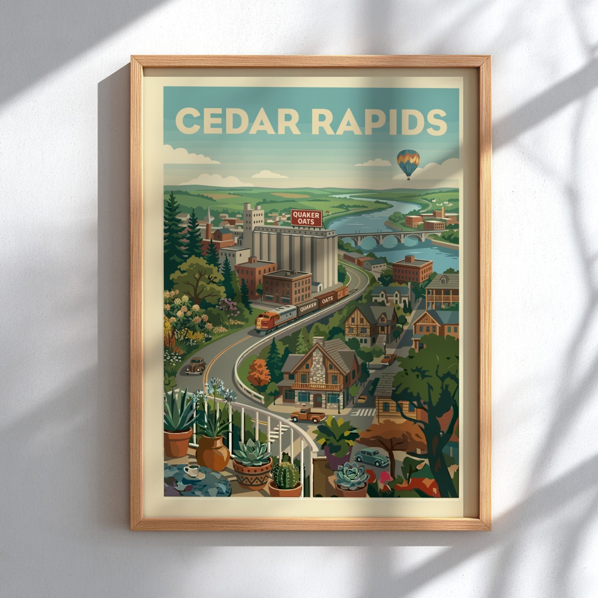 Cedar Rapids vintage travel poster with cityscape, train, river, and hot air balloon in a retro style.