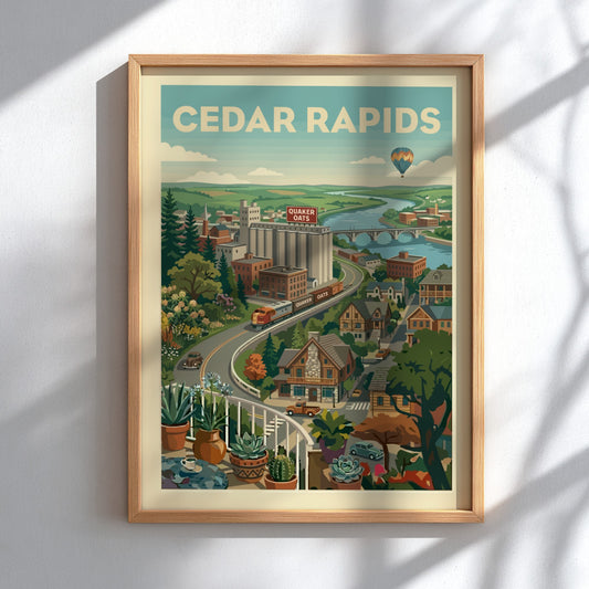 Cedar Rapids vintage travel poster with cityscape, train, river, and hot air balloon in a retro style.