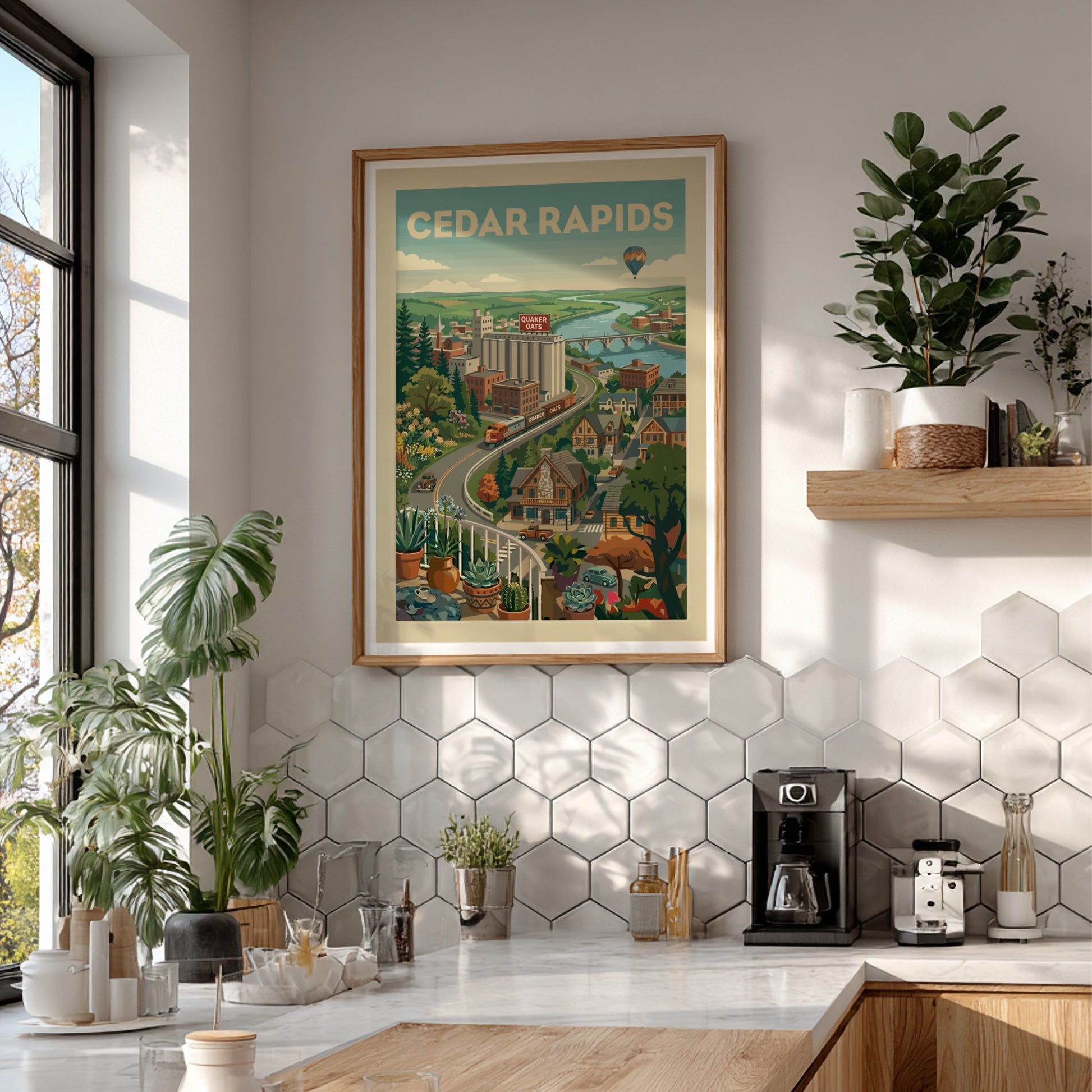 Cedar Rapids vintage travel poster with cityscape, train, river, and hot air balloon in a retro style.