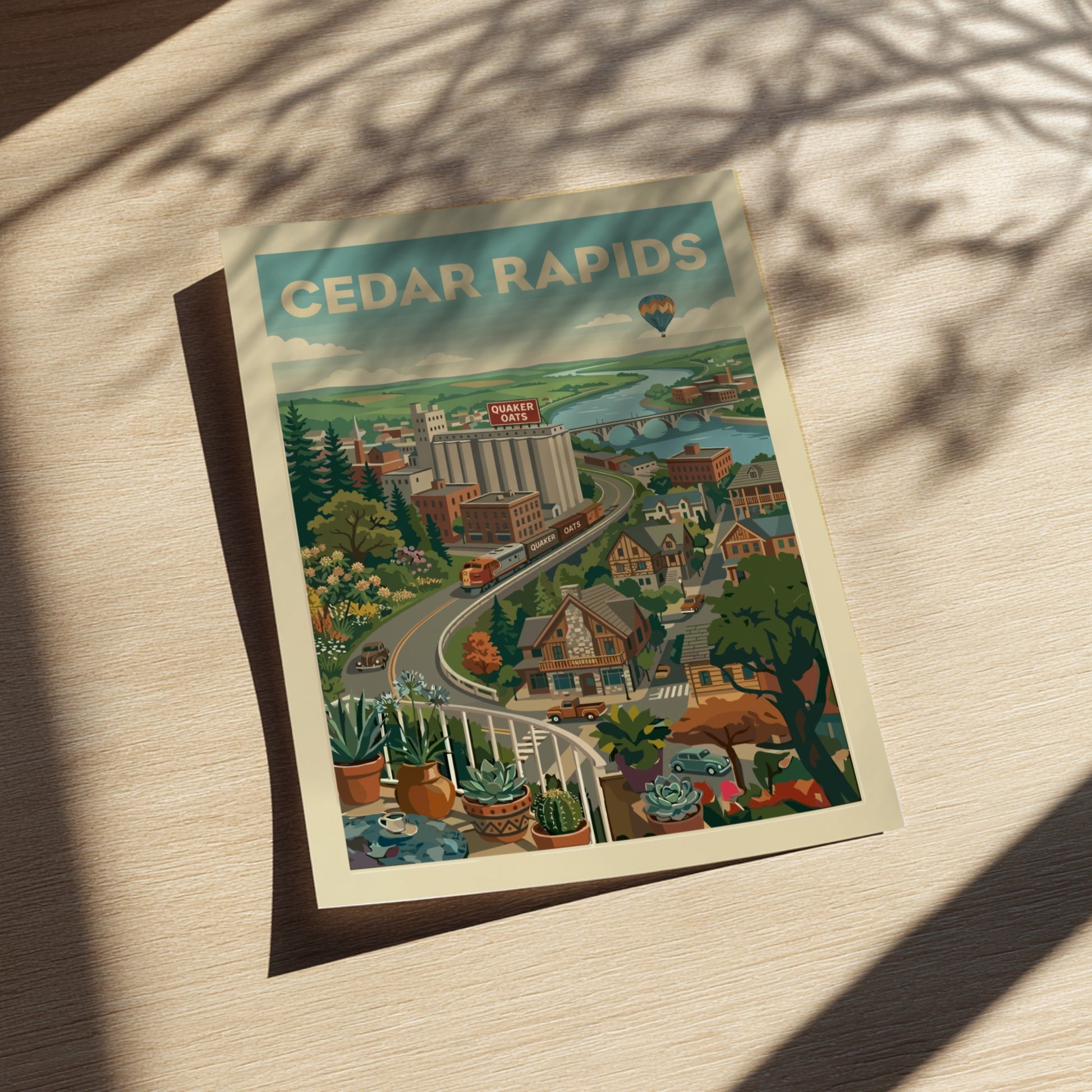 Cedar Rapids vintage travel poster with cityscape, train, river, and hot air balloon in a retro style.