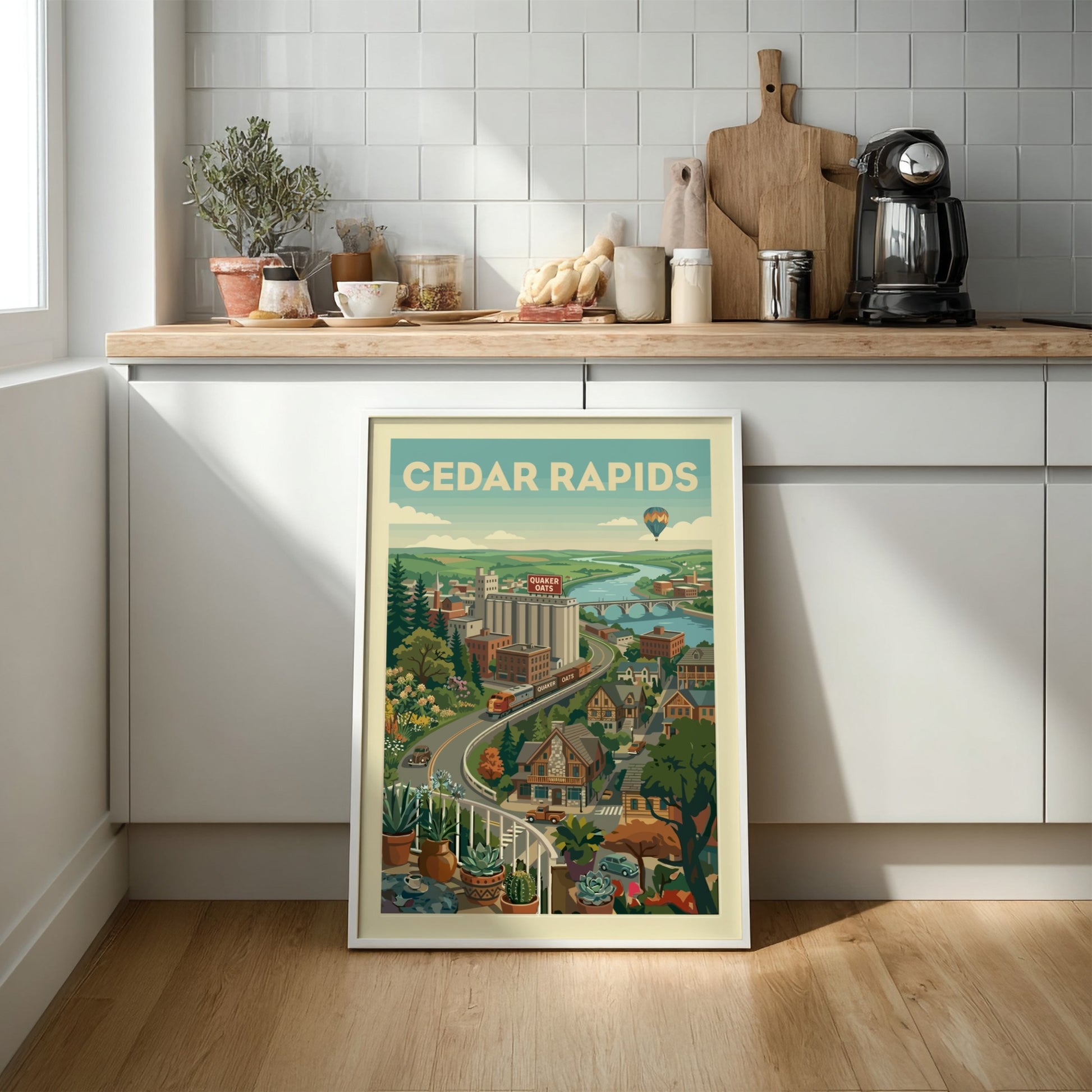 Cedar Rapids vintage travel poster with cityscape, train, river, and hot air balloon in a retro style.