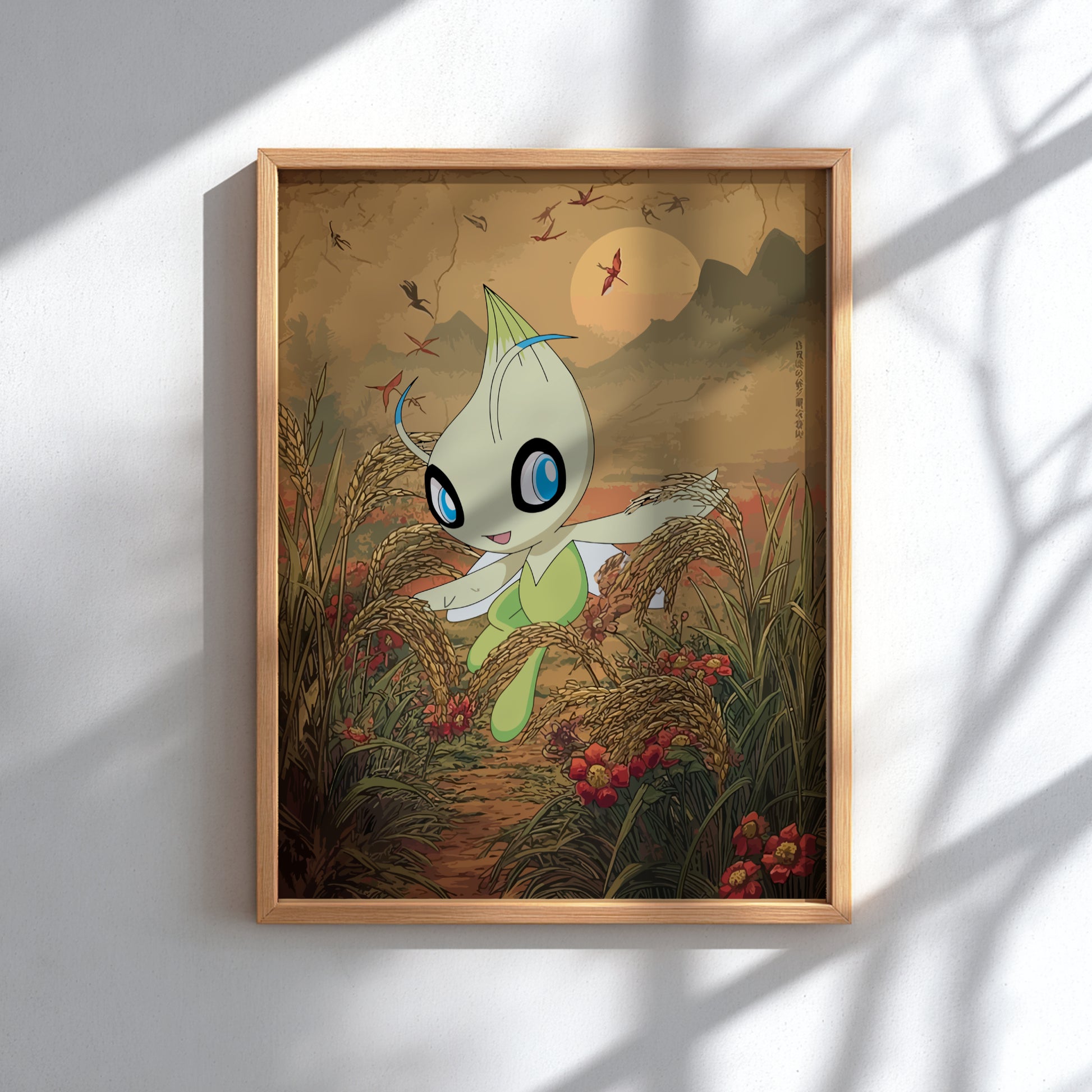 Framed artwork of Celebi Pokemon character in a natural setting with a wooden frame.