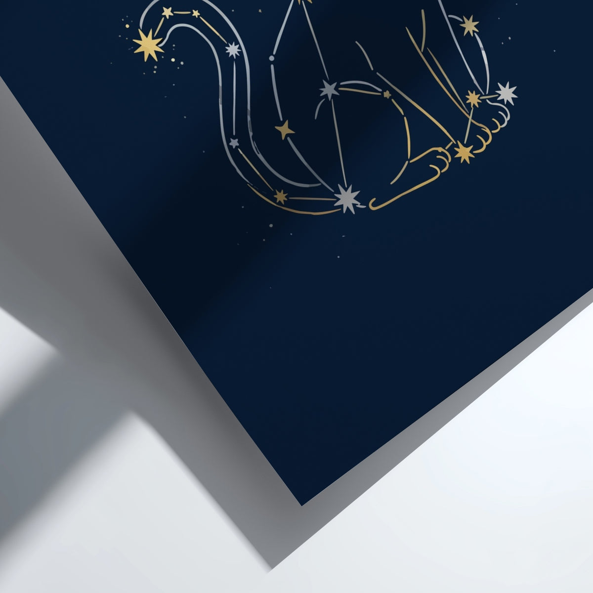 Poster featuring a cat silhouette outlined in golden stars against a deep navy background.