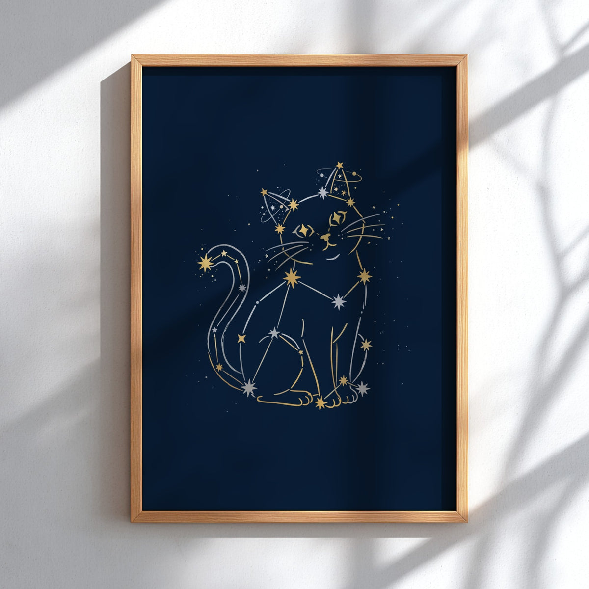 Poster featuring a cat silhouette outlined in golden stars against a deep navy background.
