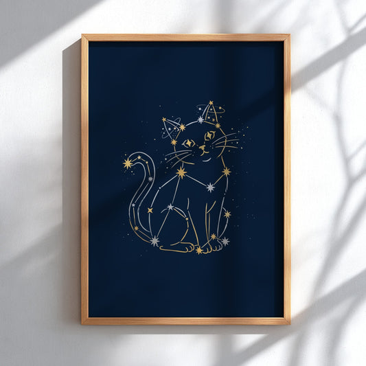 Poster featuring a cat silhouette outlined in golden stars against a deep navy background.