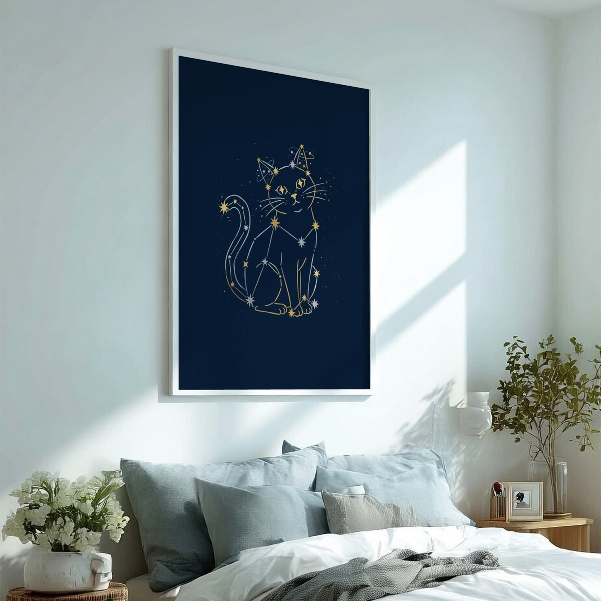 Poster featuring a cat silhouette outlined in golden stars against a deep navy background.