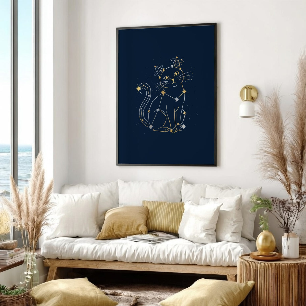Poster featuring a cat silhouette outlined in golden stars against a deep navy background.