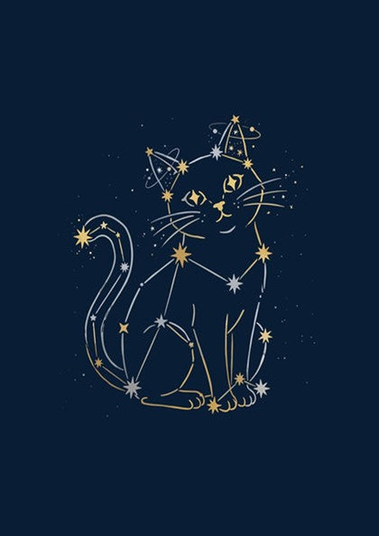 Poster featuring a cat silhouette outlined in golden stars against a deep navy background.