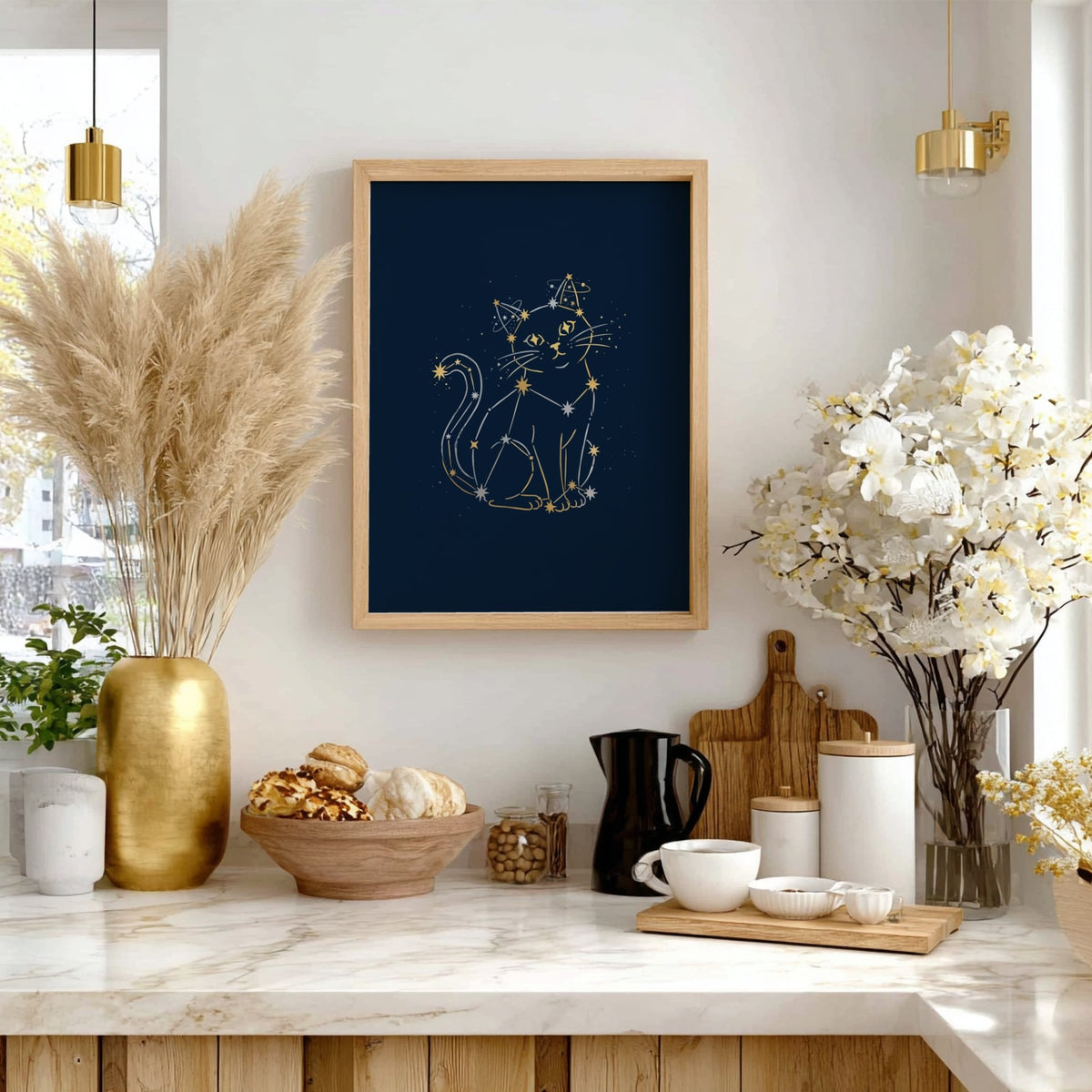 Poster featuring a cat silhouette outlined in golden stars against a deep navy background.