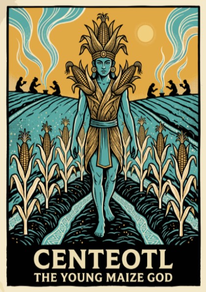 Centeotl Young Maize God poster featuring a blue deity standing amidst golden corn fields