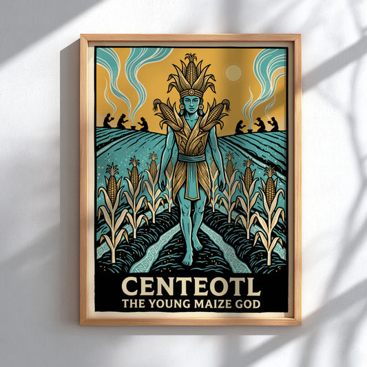 Centeotl Young Maize God poster featuring a blue deity standing amidst golden corn fields