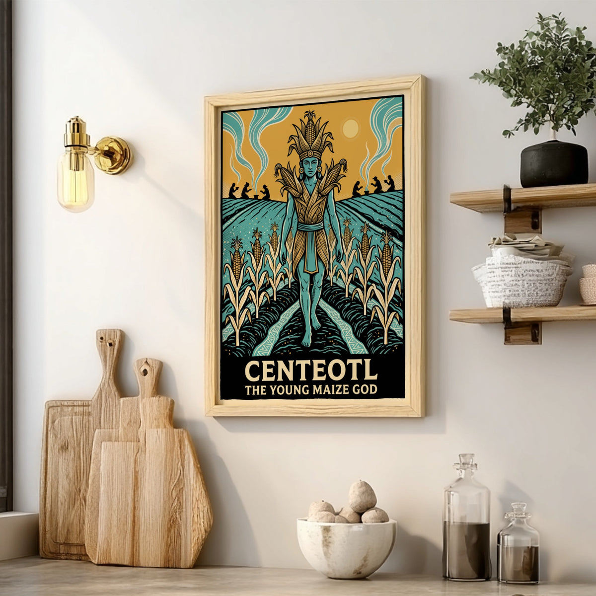 Centeotl Young Maize God poster featuring a blue deity standing amidst golden corn fields