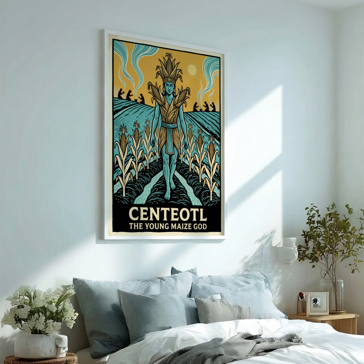 Centeotl Young Maize God poster featuring a blue deity standing amidst golden corn fields