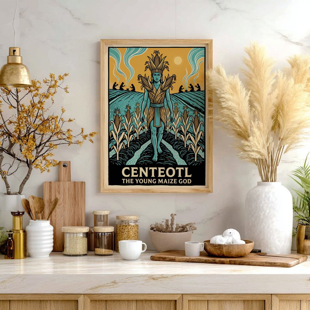 Centeotl Young Maize God poster featuring a blue deity standing amidst golden corn fields