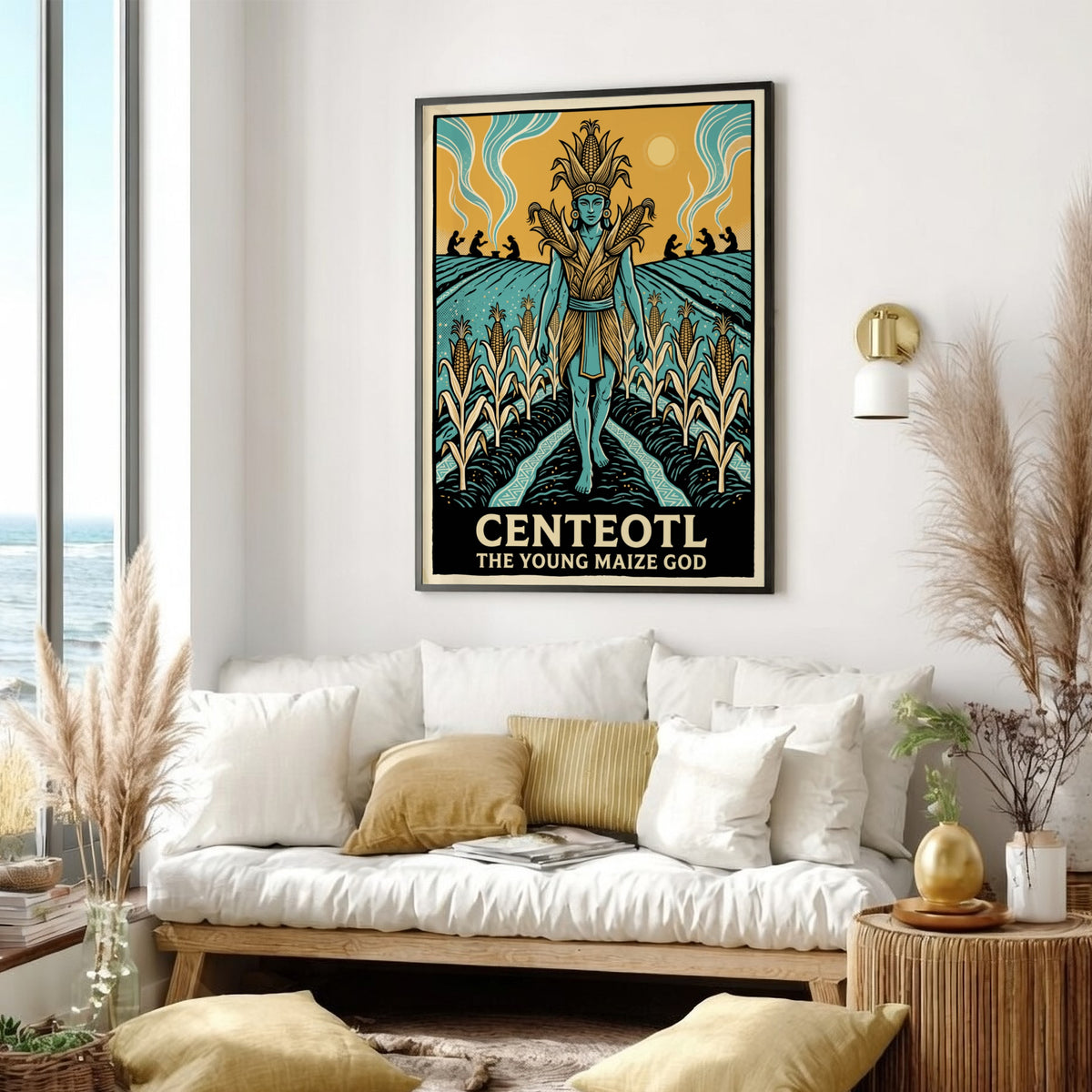 Centeotl Young Maize God poster featuring a blue deity standing amidst golden corn fields